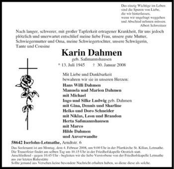 Traueranzeige von Karin Dahmen von Tageszeitung