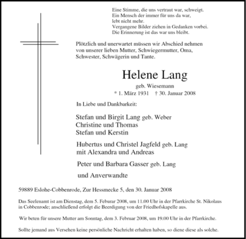  Traueranzeige für Helene Lang vom 01.02.2008 aus Tageszeitung