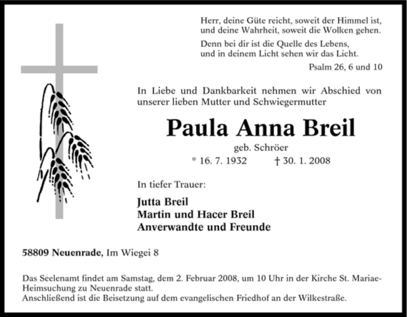  Traueranzeige für Paula Anna Breil vom 01.02.2008 aus Tageszeitung
