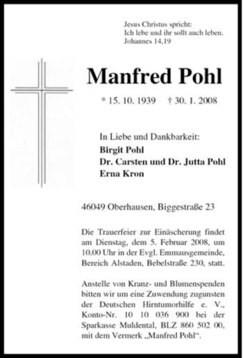 Traueranzeige von Manfred Pohl von Tageszeitung