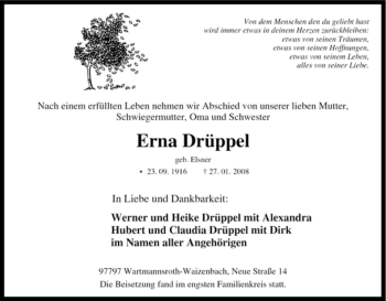 Traueranzeige von Erna Drüppel von Tageszeitung