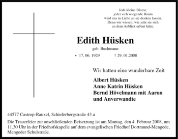 Traueranzeige von Edith Hüsken von Tageszeitung