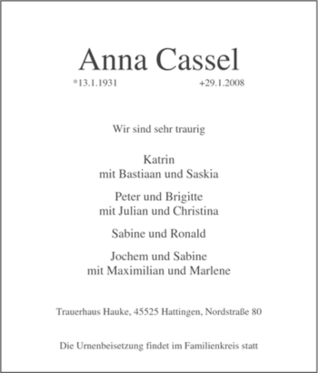Traueranzeige von Anna Cassel von Tageszeitung