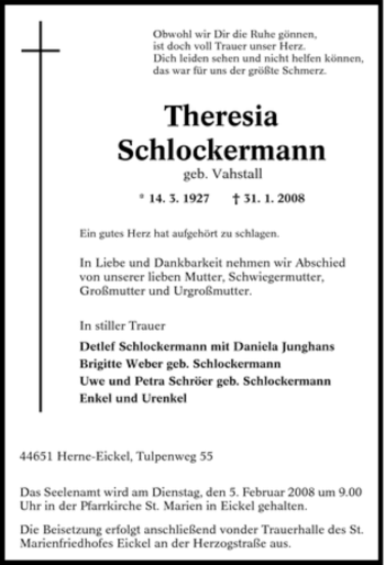 Traueranzeige von Theresia Schlockermann von Tageszeitung