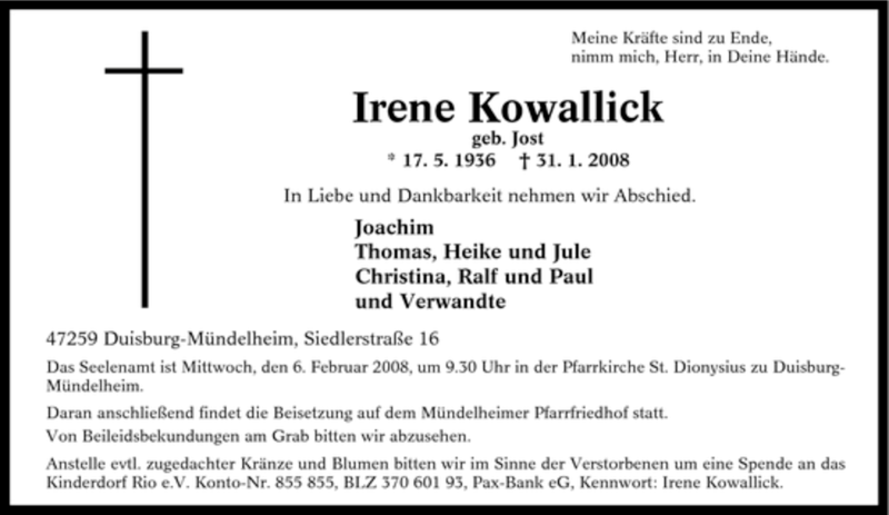  Traueranzeige für Irene Kowallick vom 02.02.2008 aus Tageszeitung