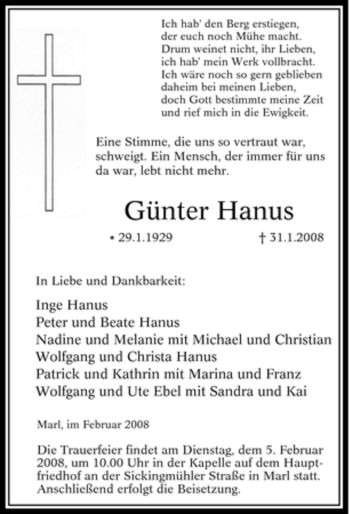 Traueranzeige von Günter Hanus von Tageszeitung