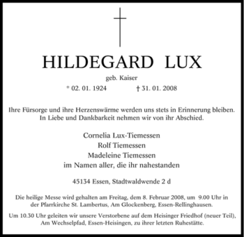 Traueranzeige von Hildegard Lux von Tageszeitung