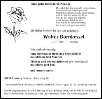 Traueranzeige von Walter Bornkessel von Tageszeitung