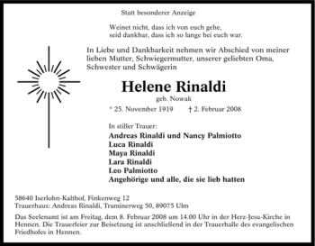 Traueranzeige von Helene Rinaldi von Tageszeitung