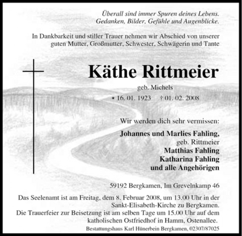  Traueranzeige für Käthe Rittmeier vom 05.02.2008 aus Tageszeitung