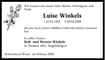 Traueranzeige von Luise Winkels von Tageszeitung