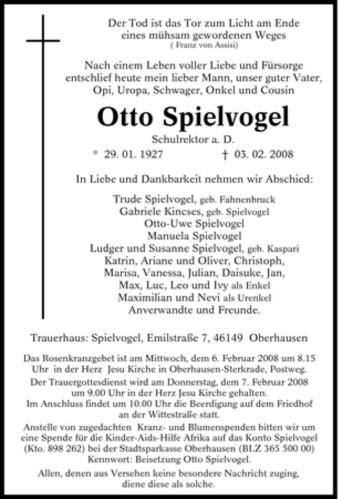  Traueranzeige für Otto Spielvogel vom 05.02.2008 aus Tageszeitung