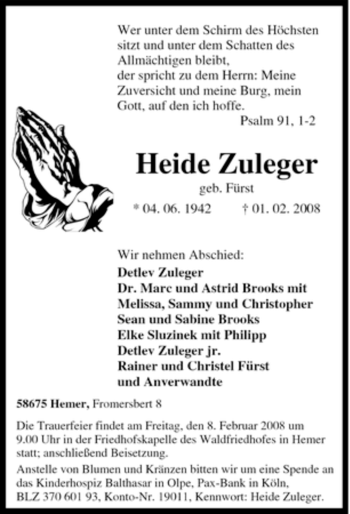 Traueranzeige von Heide Zuleger von Tageszeitung