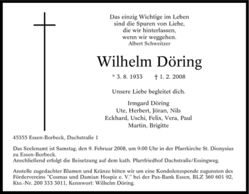 Traueranzeige von Wilhelm Döring von Tageszeitung