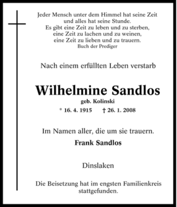 Traueranzeige von Wilhelmine Sandlos von Tageszeitung