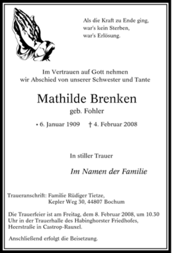 Traueranzeige von Mathilde Brenken von Tageszeitung