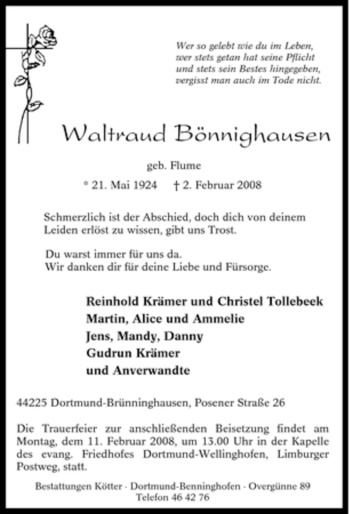 Traueranzeige von Waltraud Bönnighausen von Tageszeitung