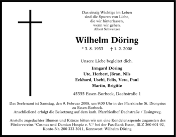 Traueranzeige von Wilhelm Döring von Tageszeitung