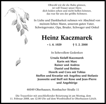 Traueranzeige von Heinz Kaczmarek von Tageszeitung