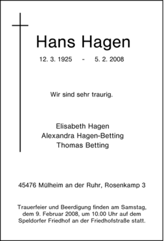  Traueranzeige für Hans Hagen vom 07.02.2008 aus Tageszeitung