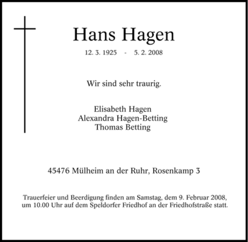  Traueranzeige für Hans Hagen vom 07.02.2008 aus Tageszeitung