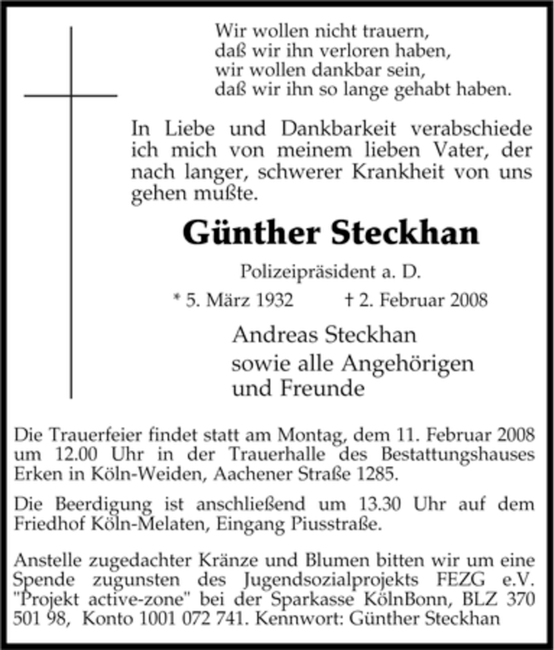  Traueranzeige für Günther Steckhan vom 08.02.2008 aus Tageszeitung