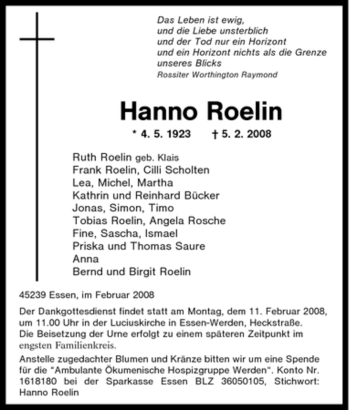 Traueranzeige von Hanno Roelin von Tageszeitung