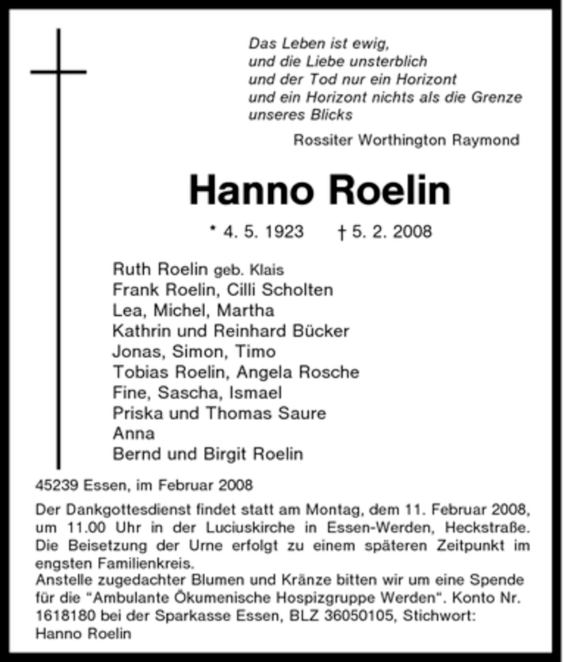  Traueranzeige für Hanno Roelin vom 08.02.2008 aus Tageszeitung