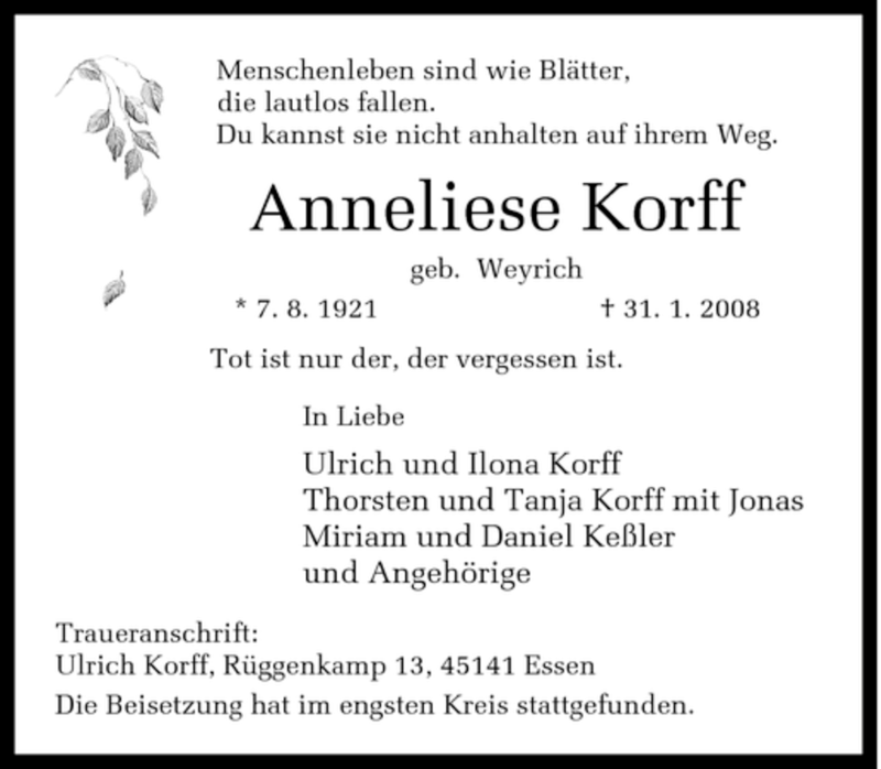  Traueranzeige für Anneliese Korff vom 09.02.2008 aus Tageszeitung