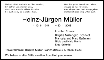 Traueranzeige von Heinz-Jürgen Müller von Tageszeitung