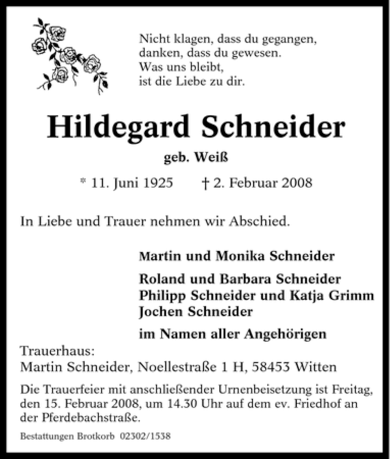  Traueranzeige für Hildegard Schneider vom 09.02.2008 aus Tageszeitung