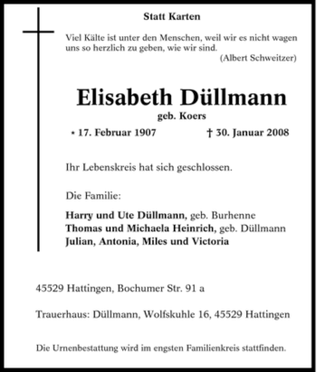 Traueranzeige von Elisabeth Düllmann von Tageszeitung