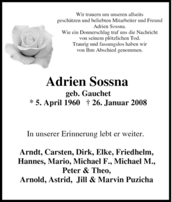 Traueranzeige von Adrien Sossna von Tageszeitung