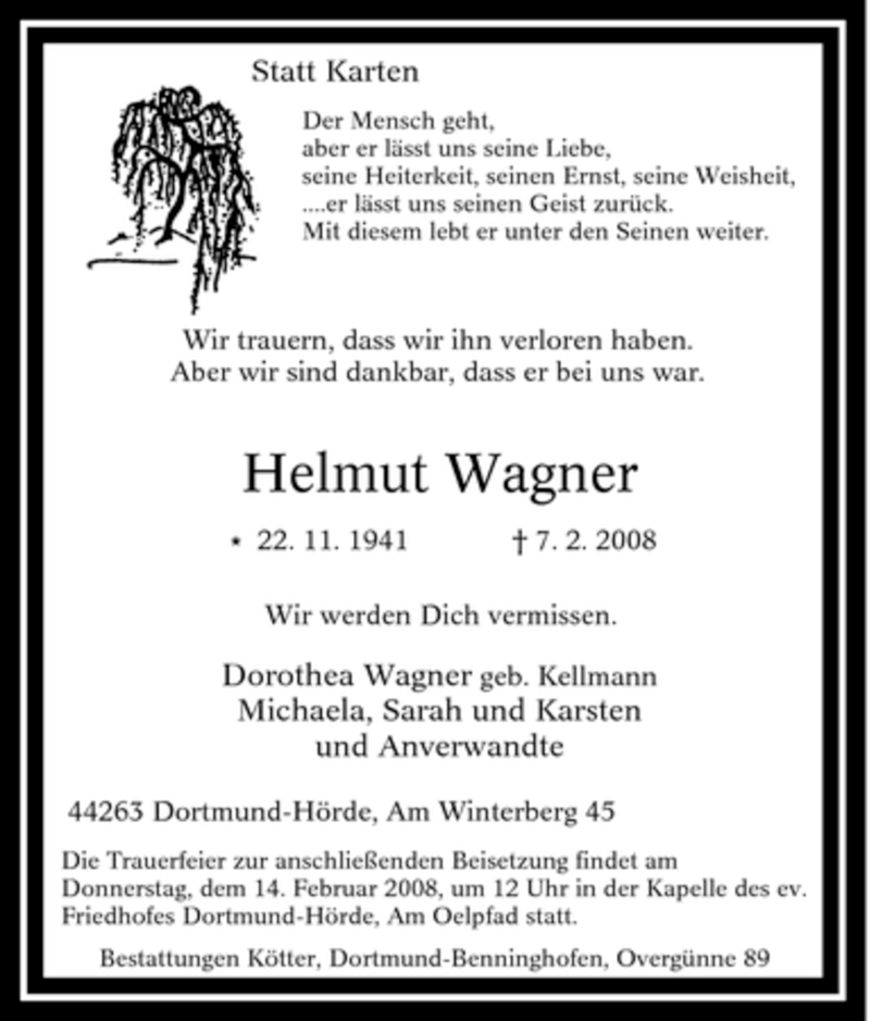  Traueranzeige für Helmut Wagner vom 09.02.2008 aus Tageszeitung