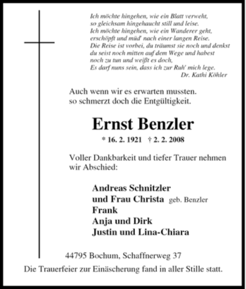 Traueranzeige von Ernst Benzler von Tageszeitung
