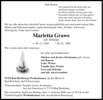 Traueranzeige von Marietta Grawe von Tageszeitung