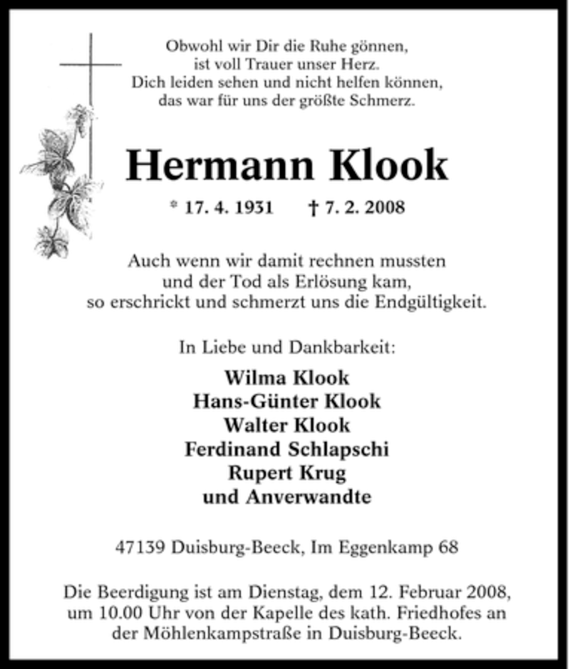  Traueranzeige für Hermann Klook vom 09.02.2008 aus Tageszeitung
