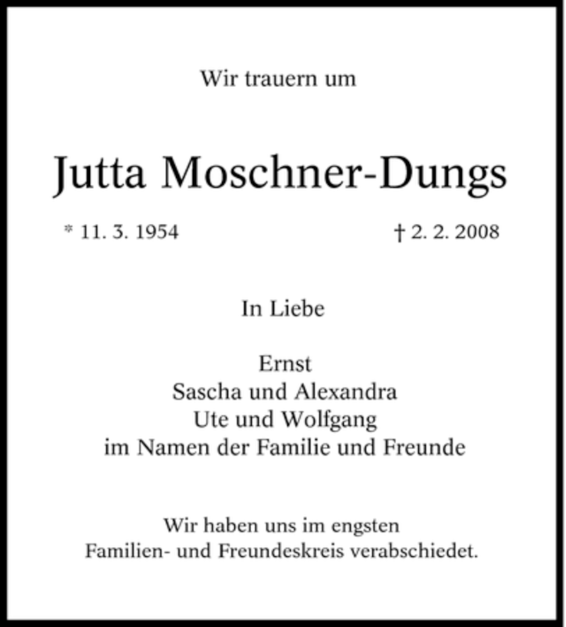  Traueranzeige für Jutta Moschner-Dungs vom 11.02.2008 aus Tageszeitung