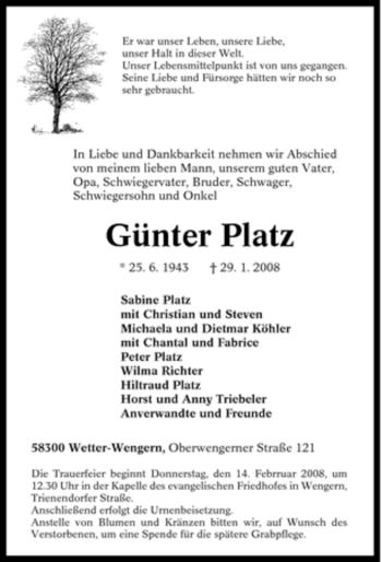 Traueranzeige von Günter Platz von Tageszeitung