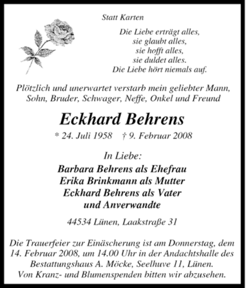  Traueranzeige für Eckhard Behrens vom 11.02.2008 aus Tageszeitung