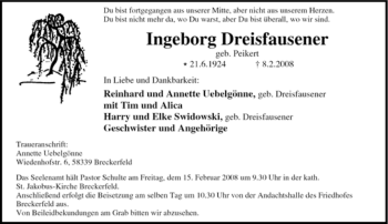 Traueranzeige von Ingeborg Dreisfausener von Tageszeitung