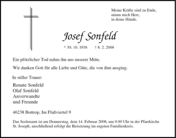 Traueranzeige von Josef Sonfeld von Tageszeitung