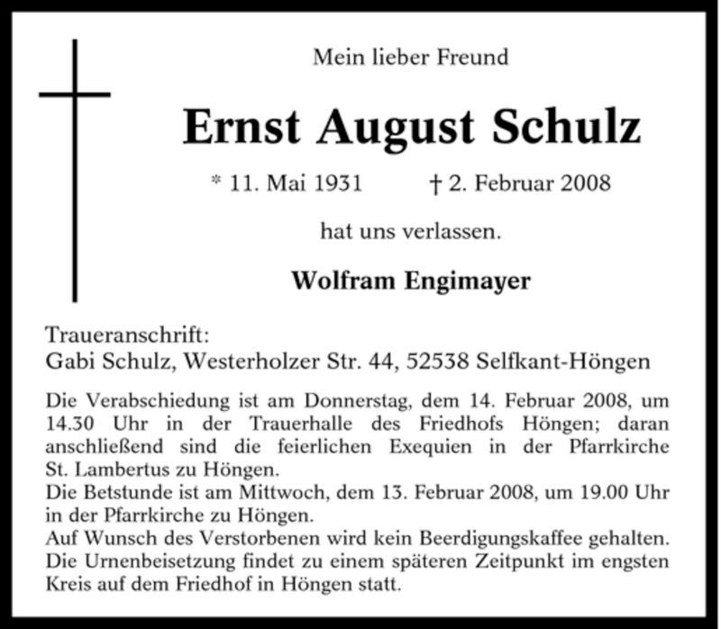  Traueranzeige für Ernst August Schulz vom 12.02.2008 aus Tageszeitung