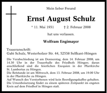 Traueranzeige von Ernst August Schulz von Tageszeitung
