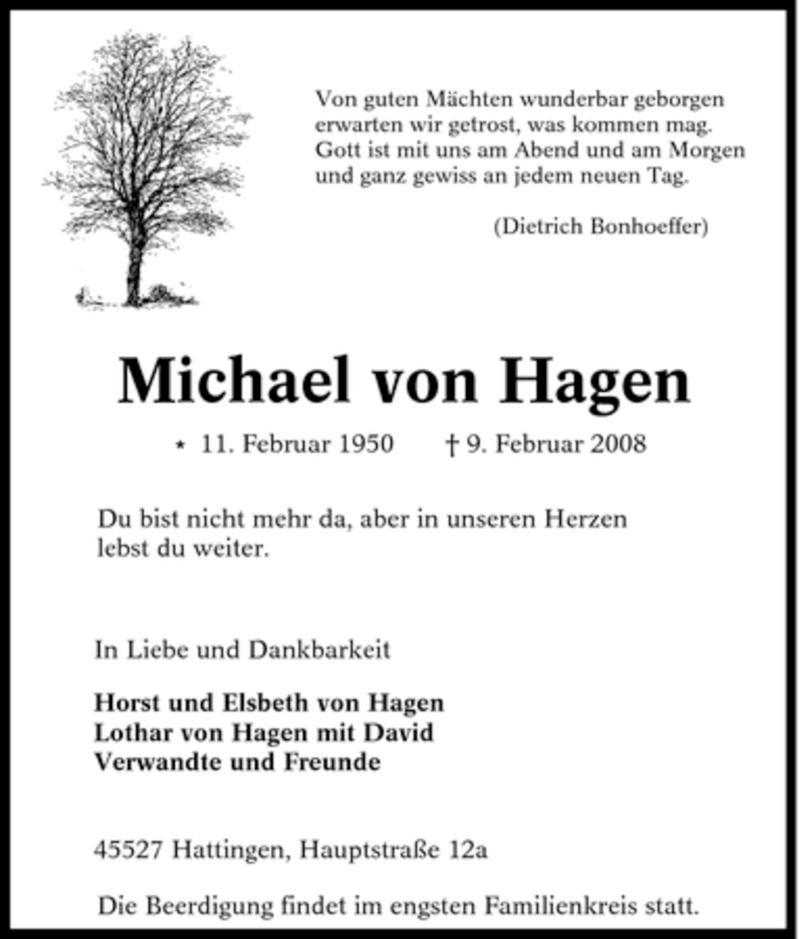  Traueranzeige für Michael von Hagen vom 12.02.2008 aus Tageszeitung