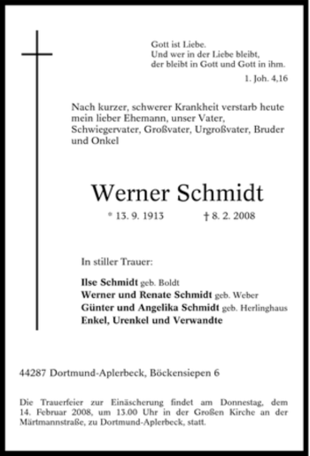 Traueranzeige von Werner Schmidt von Tageszeitung