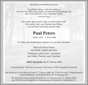 Traueranzeige von Paul Peters von Tageszeitung