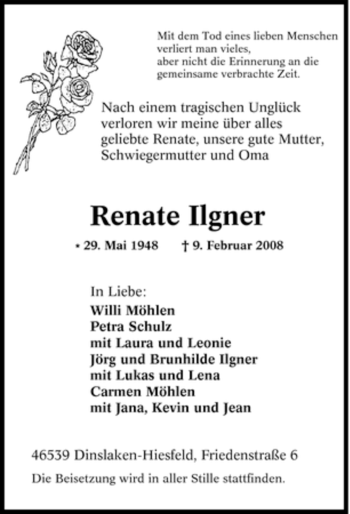 Traueranzeige von Renate Ilgner von Tageszeitung