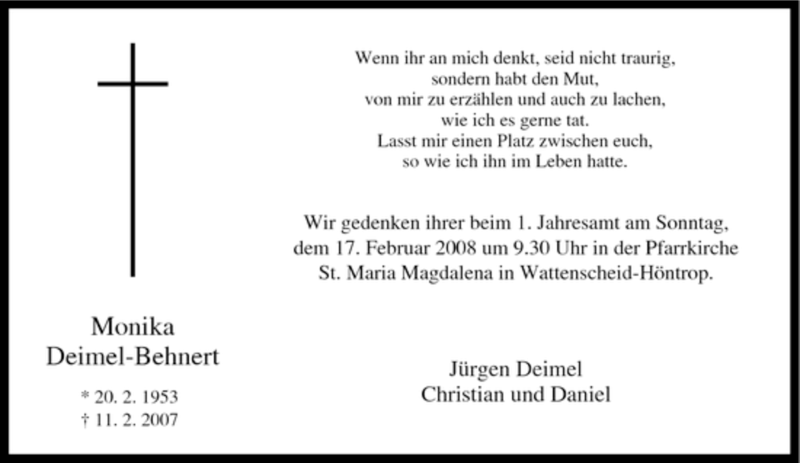  Traueranzeige für Monika Deimel-Behnert vom 13.02.2008 aus Tageszeitung
