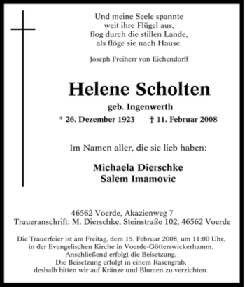 Traueranzeige von Helene Scholten von Tageszeitung